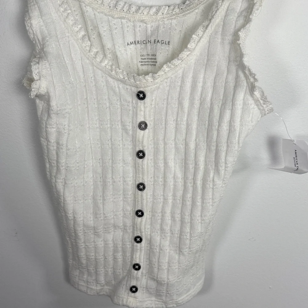 NWT American Eagle White Ribbed Button-Front Tank Top XXS Lace Trim